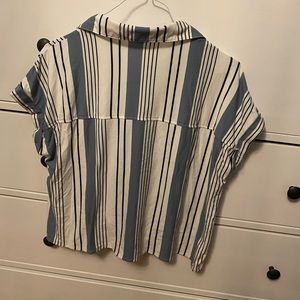 Soft, button up, cropped, stripped short sleeve blouse.